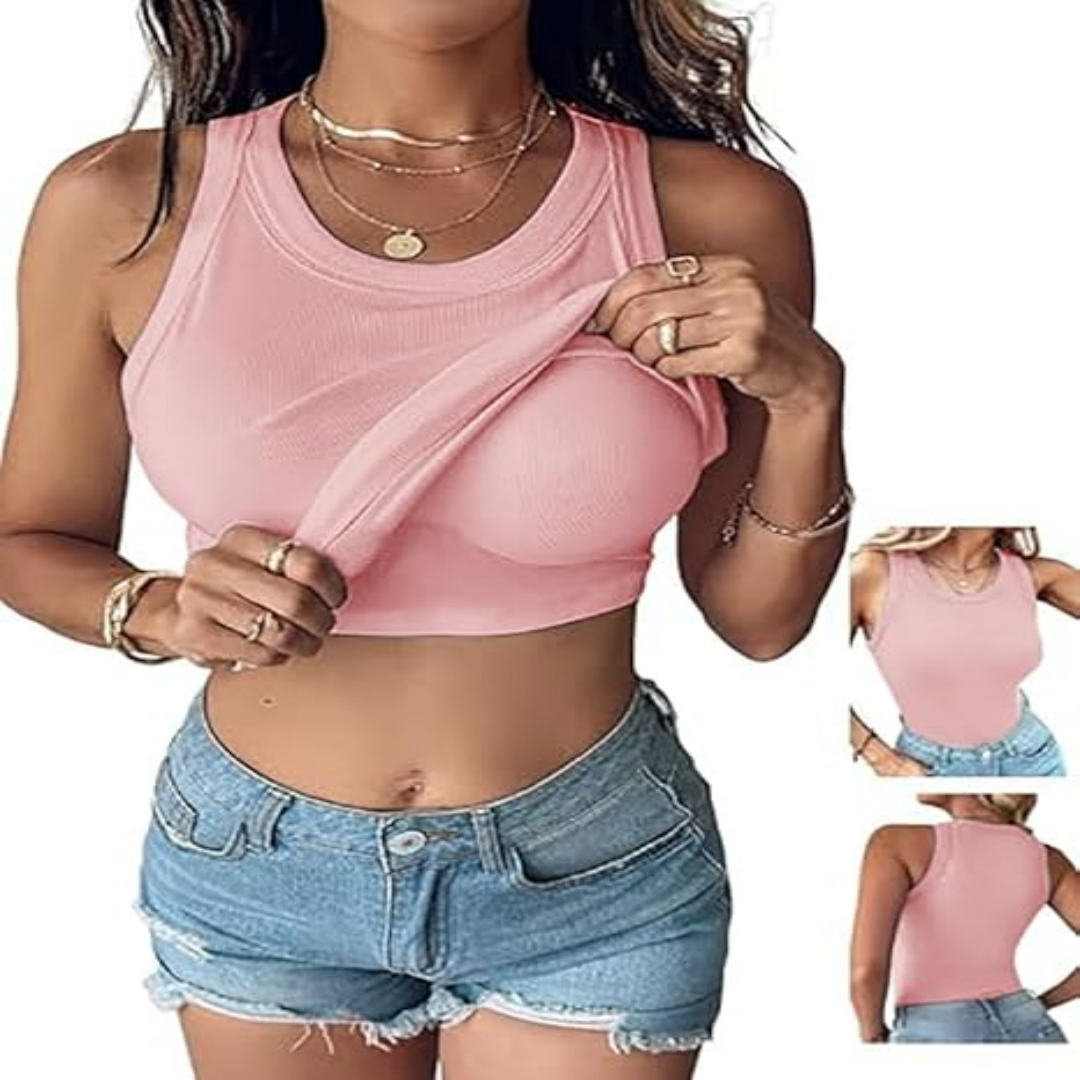 Summer Special Sale🍃Round Neck Built-in Bra Ribbed Tank Top Fit Casual Comfortable💥