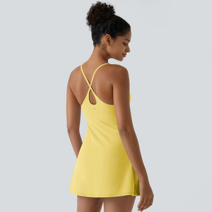 Summer Specials - Backless 2-in-1 Flare Workout Dress With Built-in Bra & Built-in Shorts