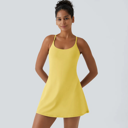 Summer Specials - Backless 2-in-1 Flare Workout Dress With Built-in Bra & Built-in Shorts