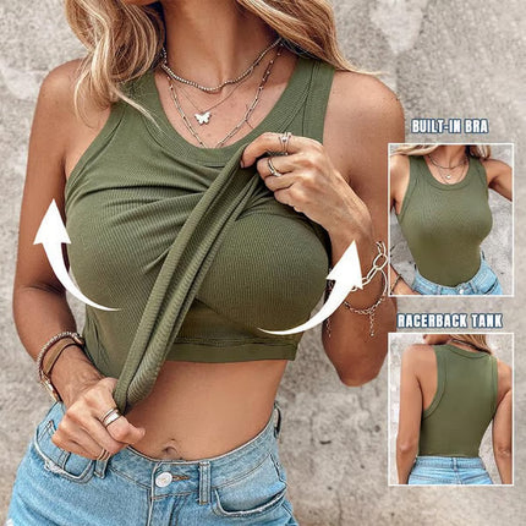 Summer Special Sale🍃Round Neck Built-in Bra Ribbed Tank Top Fit Casual Comfortable💥