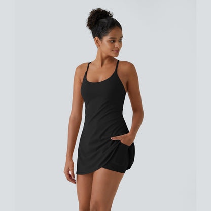 Summer Specials - Backless 2-in-1 Flare Workout Dress With Built-in Bra & Built-in Shorts