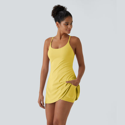Summer Specials - Backless 2-in-1 Flare Workout Dress With Built-in Bra & Built-in Shorts