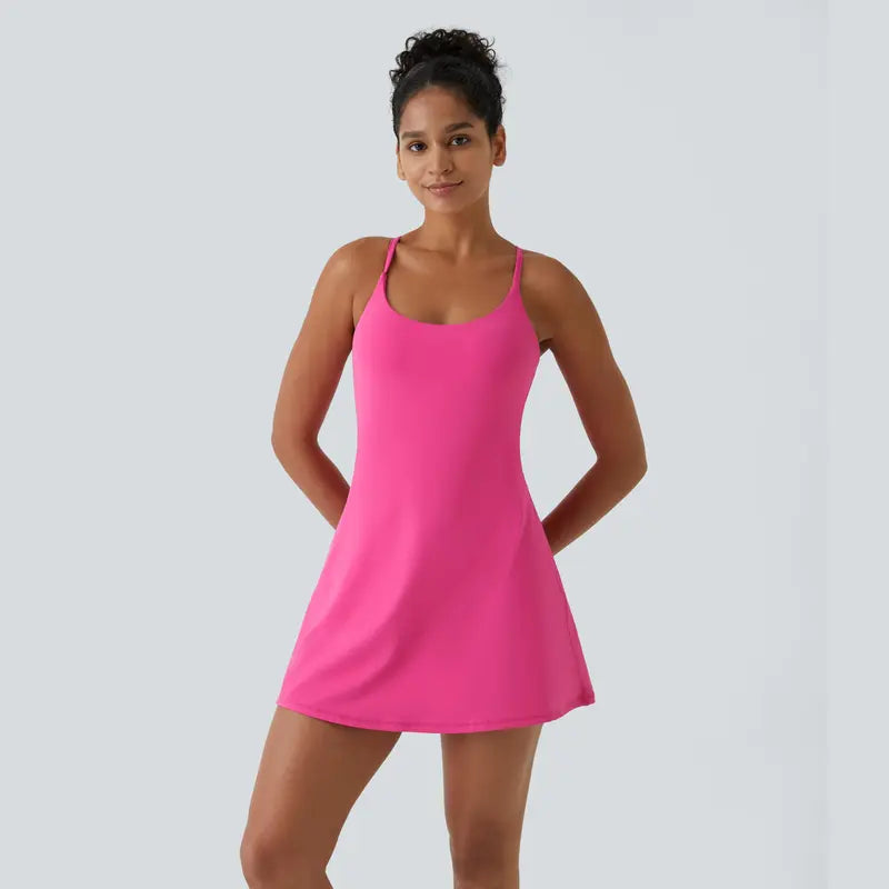 Summer Specials - Backless 2-in-1 Flare Workout Dress With Built-in Bra & Built-in Shorts